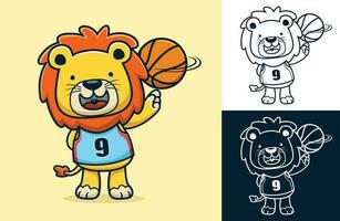 Vector cartoon illustration of cute lion the basketball player twisting the ball