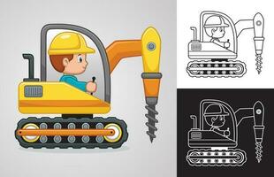 Vector cartoon of little boy on drilling machine vehicle