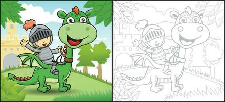 Vector cartoon of knight riding dragon on castle background. Fairytale element. Coloring book or page