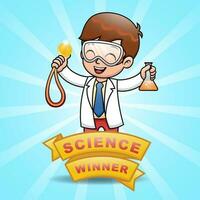 Boy scientist cartoon holding gold medal and beaker on ribbon decoration vector