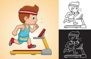 Vector cartoon of little boy running on treadmill