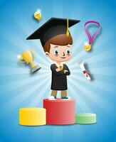 Cartoon boy in graduation uniform standing on podium with winner awards elements vector