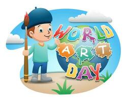 Cartoon boy artist holding big brush in world art day with globe earth on blue sky background vector