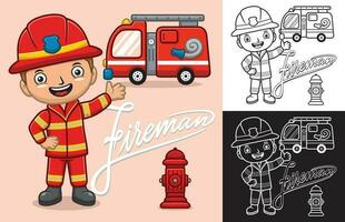 vector ilustración de dibujos animados chico en bombero uniforme con camión de bomberos y fuego boca de aguas