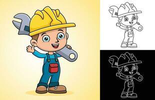 Vector cartoon of little boy in worker costume holding big wrench