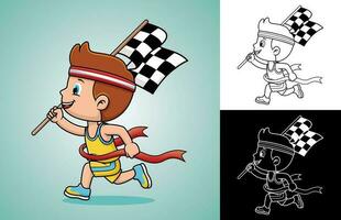 Vector cartoon of boy winning first place in running race competition while carrying finish flag