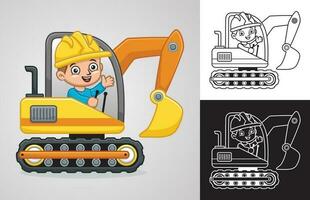 Vector cartoon of little boy on construction vehicle