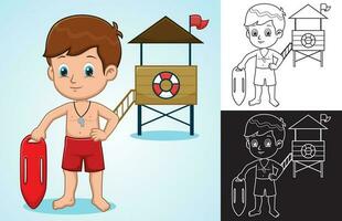 Vector cartoon of lifeguard boy holding lifebuoy on lifeguard tower background