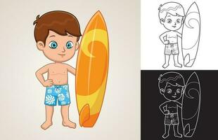 vector dibujos animados de pequeño chico con tabla de surf