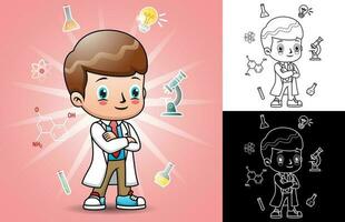 Little scientist cartoon with icon elements of laboratory equipment vector