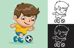 vector ilustración de dibujos animados pequeño chico jugando fútbol