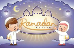 Cute Muslim kids holding Quran at Ramadan night on mosque frame background vector