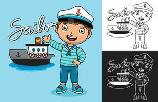 Vector illustration of cartoon boy in sailor uniform with a boat