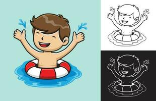 Vector illustration of cartoon boy use lifebuoy on water