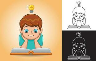 Vector cartoon of boy is reading book with lightbulb on his head