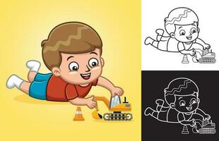 Vector cartoon of little boy with his excavator toy