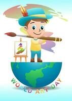 Kids painter cartoon holding big brush with canvas standing on half globe vector