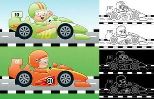 vector dibujos animados de velocidad coche carreras con pequeño chico corredor