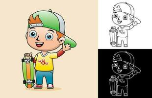 Vector cartoon of little boy standing with skateboard