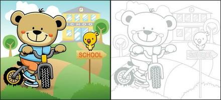 Vector cartoon of cycling bear with little bird on school building background. Coloring book or page