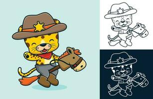 Vector cartoon of funny leopard in cowboy costume ride stick horse toy