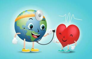 Funny globe cartoon check up heart with stethoscope vector