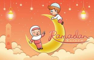 vector dibujos animados ilustración de linda musulmán niños en creciente Luna a Ramadán mes
