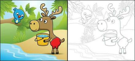 Vector cartoon of funny elk carrying bucket, little bird on tree branch. Coloring book or page