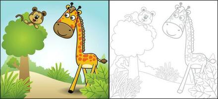 Vector cartoon of giraffe with monkey on tree in the forest. Coloring book or page