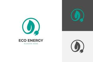 Renewable logo with green energy saving icon design. Electrical charge leaf and power plug sign design concept. Sustainable logo design vector