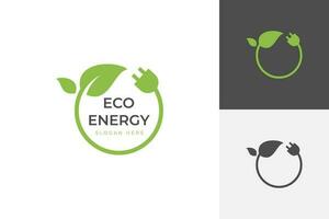 Renewable logo with green energy saving icon design. Electrical charge leaf and power plug sign design concept. Sustainable logo design vector