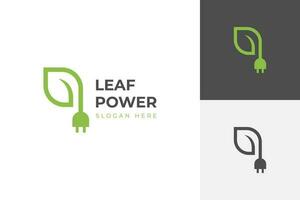 Renewable logo with green energy saving icon design. Electrical charge leaf and power plug sign design concept. Sustainable logo design vector