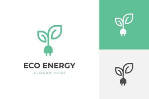 Renewable logo with green energy saving icon design. Electrical charge leaf and power plug sign design concept. Sustainable logo design vector