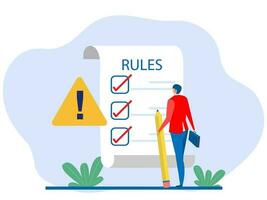 Rules check ,businessman finish writing rules and regulations document rules with big clipboard and paper Rules  order, restrictions, law, and regulations company legal rules  flat vector illustration