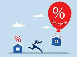 Real estate inflation,Businessman running to prevent inflation from Rising house prices house floats in  balloon vector