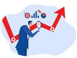 Business analysis graph and chart, businessman analyst holding magnifying glass analyze the graph loss or down for find out why market down vector