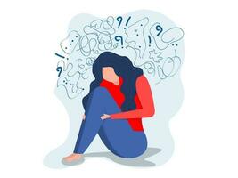 mujer sufre de pensamientos obsesivos dolor de cabeza problemas no resueltos trauma psicológico depresión estrés mental pánico trastorno mental ilustración ilustración vectorial plana. vector