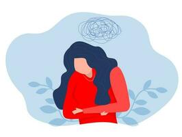 woman suffers from obsessive Overwhelmed by problems stress, headache, anxiety,  attack thoughts depression.Mental stress panic mind disorder  Flat vector illustration