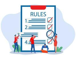 Rules check ,people understanding rules with big clipboard and paper Rules  order, restrictions, law, and regulations company legal rules  flat vector illustration