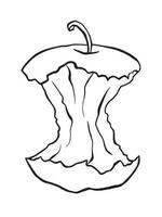 Bitten apple black and white outlined only food waste vector illustration for coloring book isolated on vertical white background. Monochrome Simple flat drawing with outlined cartoon art style.