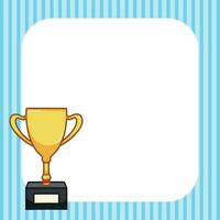 Golden number one trophy outlined cartoon vector illustration with white copy space for text isolated on blue striped square background. Empty negative space  for cover title design or poster.