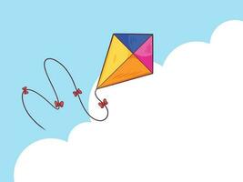 Colorful flying kite vector illustration isolated on blue sky and white cloud horizontal background wallpaper with empty copy space. Traditional game themed drawing with simple flat art style.