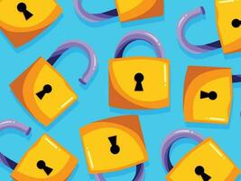 Golden yellow colored padlocks with open and closed form vector illustration pattern isolated on bright blue horizontal background