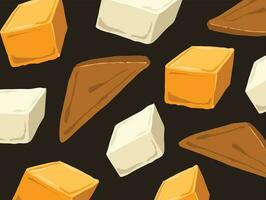 Yellow, white, and brown sweet soy sauced tofu vector illustration pattern isolated on dark horizontal background template. Simple flat art styled food drawing.