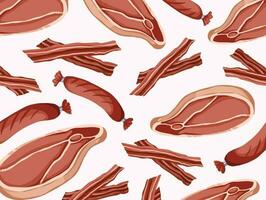 Tres tipos de carnes forma. tocino, rebanado carne, y salchicha vector ilustración modelo aislado en ligero horizontal antecedentes modelo. sencillo plano sabroso y delicioso comida dibujo con dibujos animados estilo