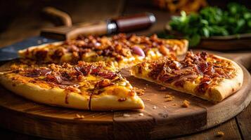 delicioso rebanadas de A la parrilla tocino Pizza en de madera corte tablero. comida fotografía, generativo ai. foto