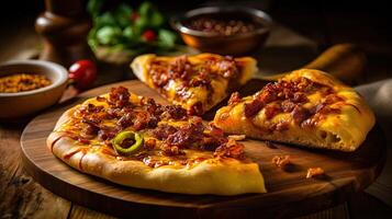 delicioso rebanadas de A la parrilla tocino Pizza en de madera corte tablero. comida fotografía, generativo ai. foto