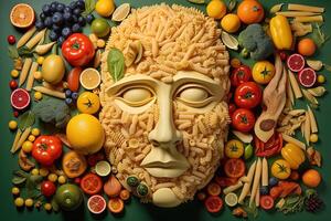 A Bunch of Pasta, Fruit and Vegetable Forming A Enhanced Face on Green Background. . photo