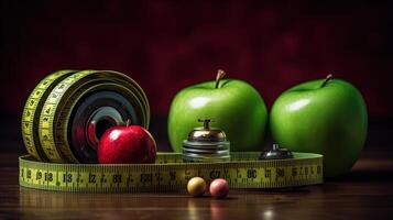 Healthy Lifestyle of Green and Red Apple with Measuring Tape and Bell Desk on Dark Brown Background. . photo