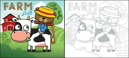 Cartoon of funny bear in farmer costume riding cow on farm field background. Coloring book or page vector